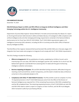 司法部监察长办公室发布关于 DEA 和 FBI 在美国情报界整合人工智能和其他新兴技术的努力的报告